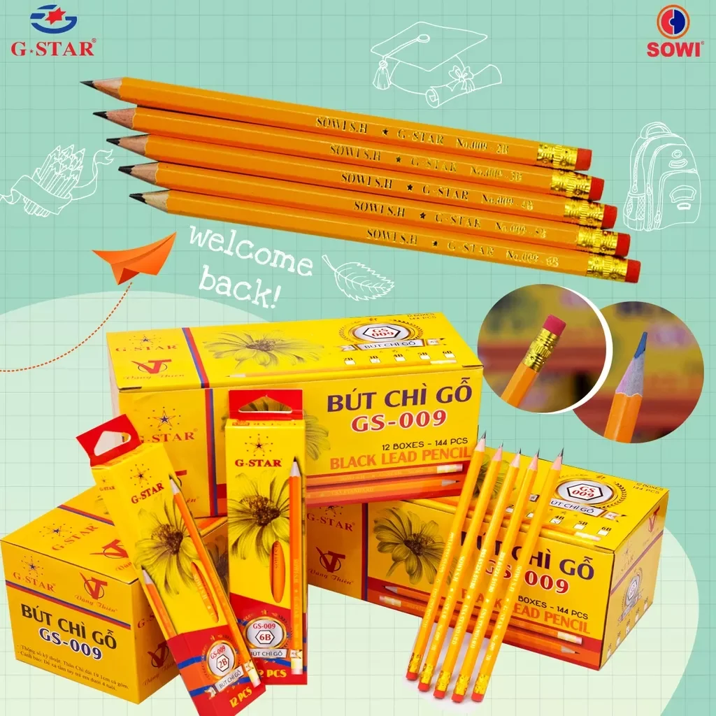 Hộp 12 cây bút chì gỗ 2b vàng gstar gs-009 chính hãng