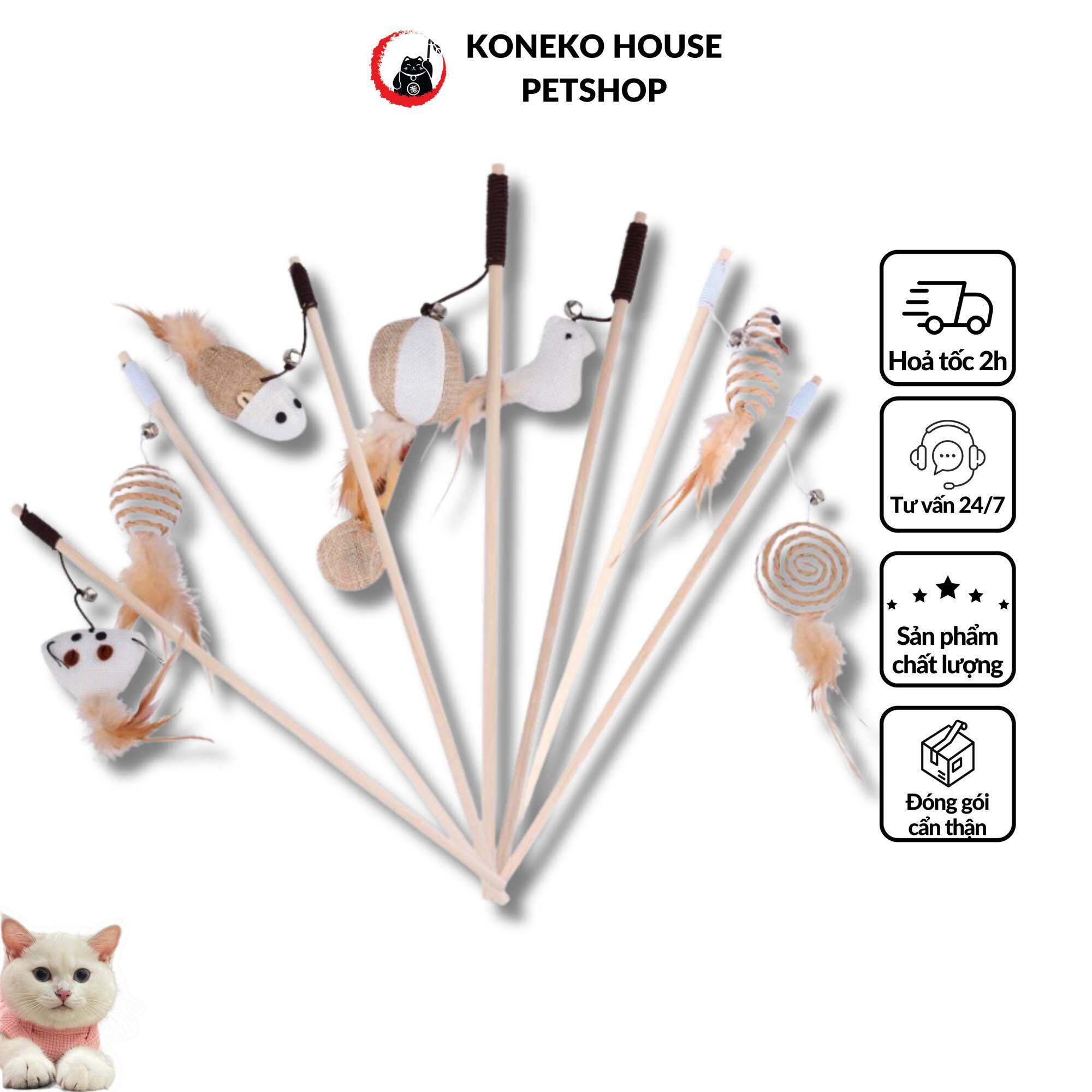 Đồ chơi cho mèo - Cần câu cán gỗ