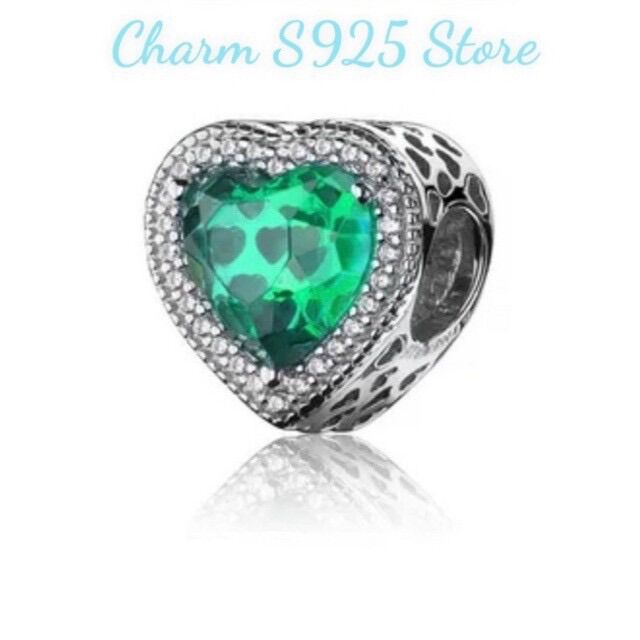 Charm pan ale tim đính đá mắt mèo xanh lá viền trắng bạc s925