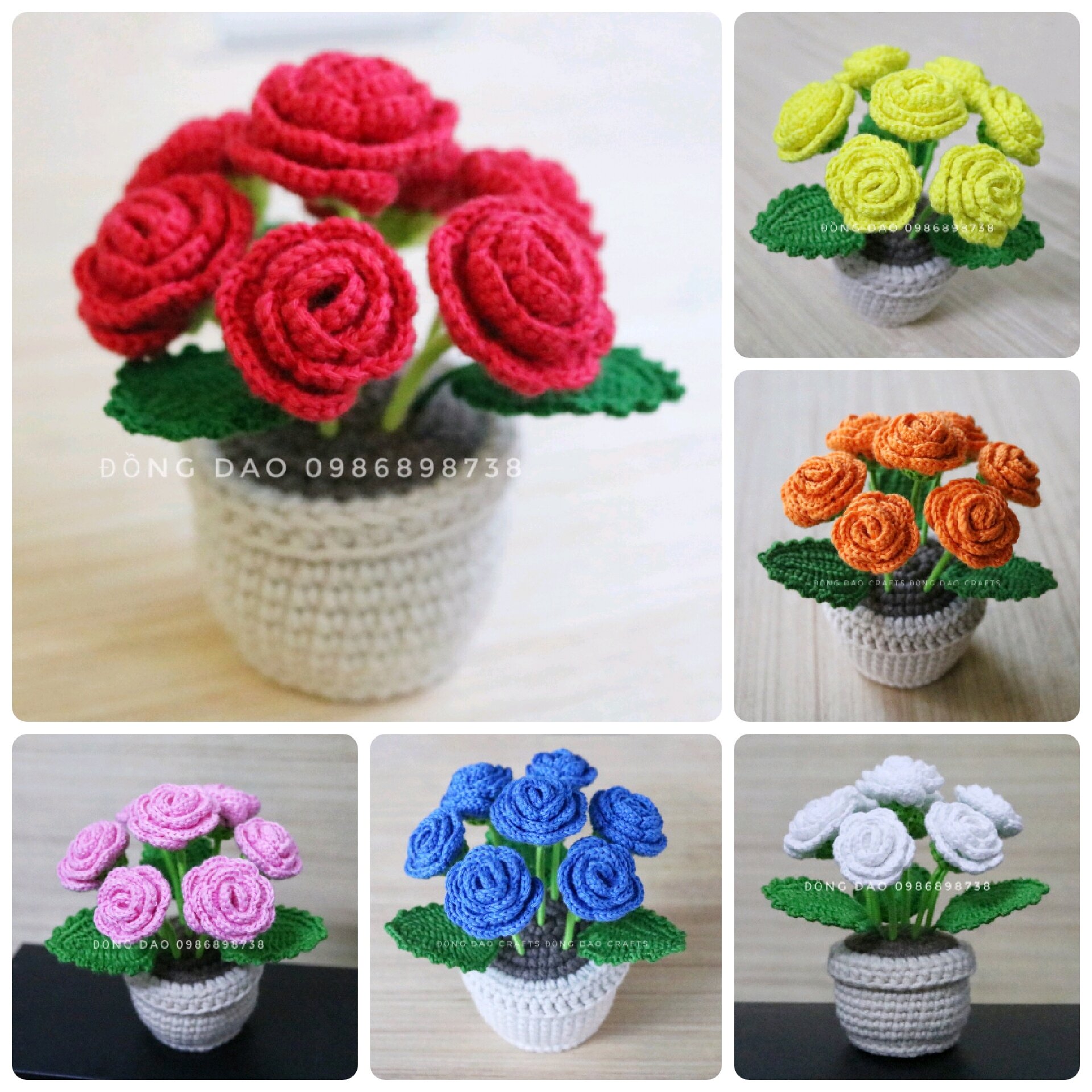 Chậu hoa hồng bằng len handmade / Chậu hoa móc len mini để bàn trang trí decor chụp hình