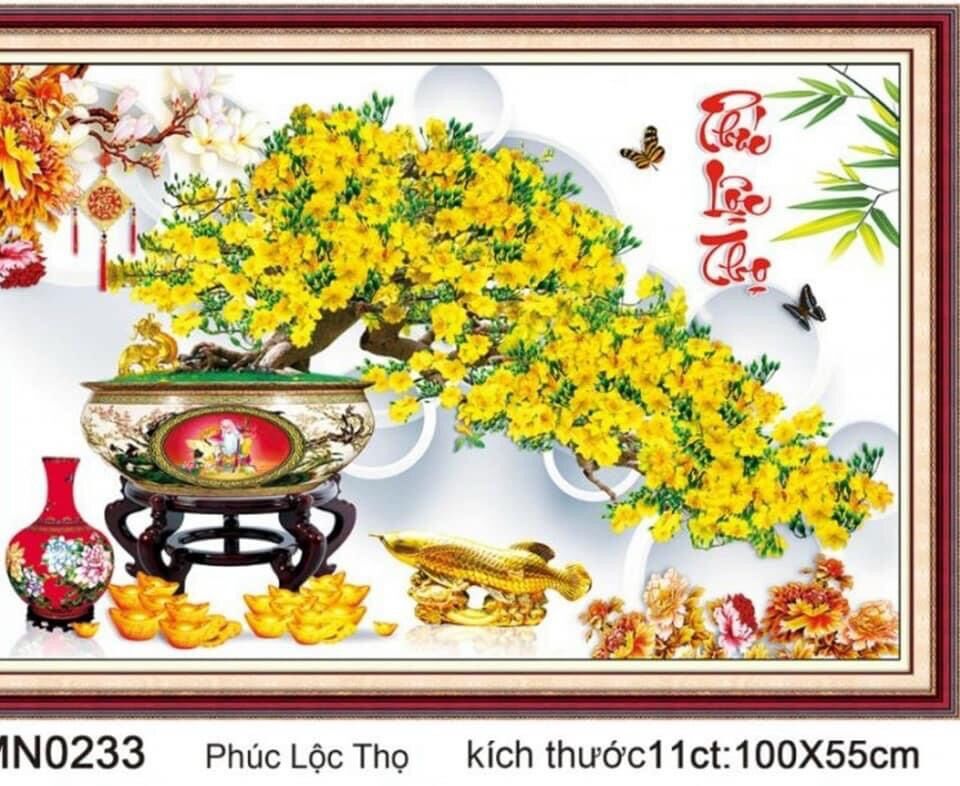 Tranh thêu cây mai vàng phú quý phúc lộc thọ 100x55cm