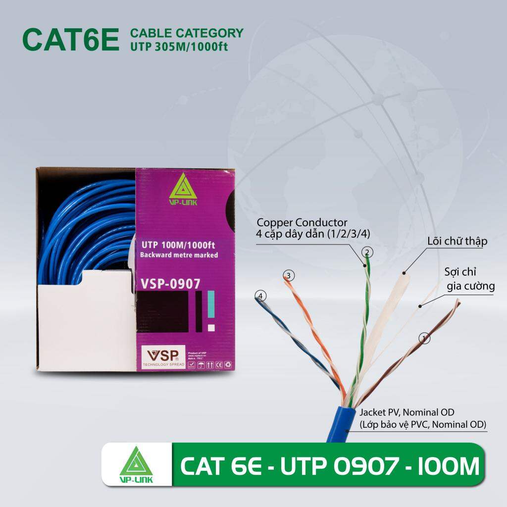 Cáp mạng 100m cat 6e utp vsp 0907 , lõi chữ thập , dây dù trợ lực