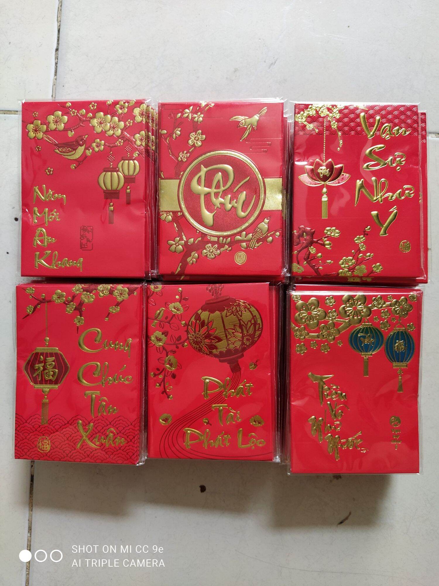 Compo 5 Xấp =30 bao lì xì 3d size nhỏ in nhũ chữ nổi màu đỏ sang trọng