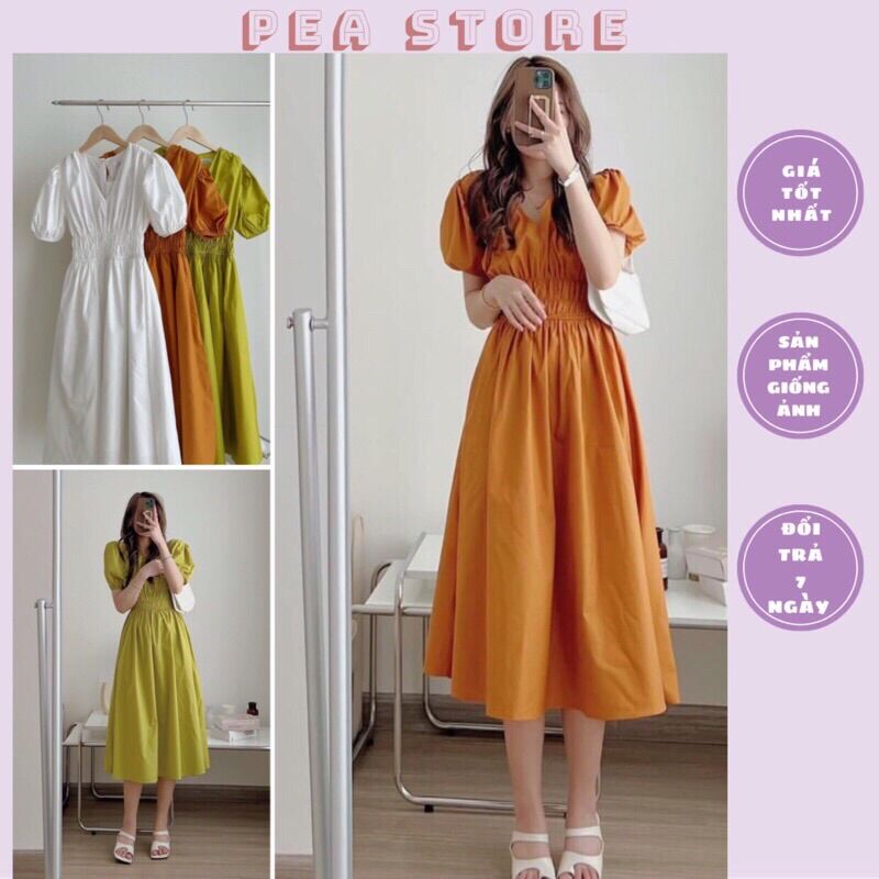 Váy thô dáng dài cổ V chun eo Pea Store