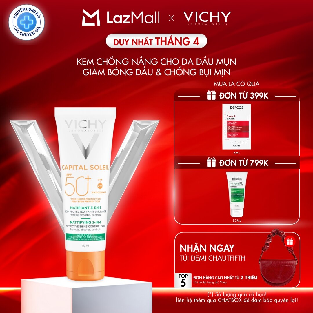 Kem chống nắng dành cho da dầu mụn, giảm các dấu hiệu lão hóa và kiềm soát bóng dầu Vichy Capital Soleil Mattifying 3-in-1 50ml
