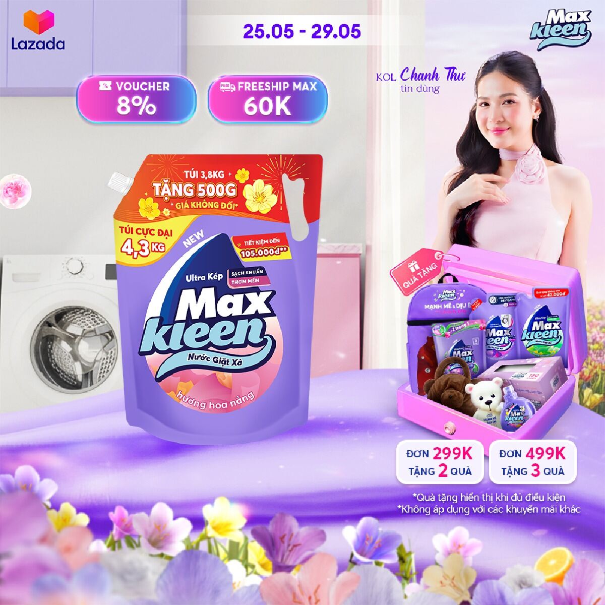 [TĂNG DUNG TÍCH, GIÁ KHÔNG ĐỔI] Túi CỰC ĐẠI Nước Giặt Xả MaxKleen 4.3kg Hương Hoa Nắng