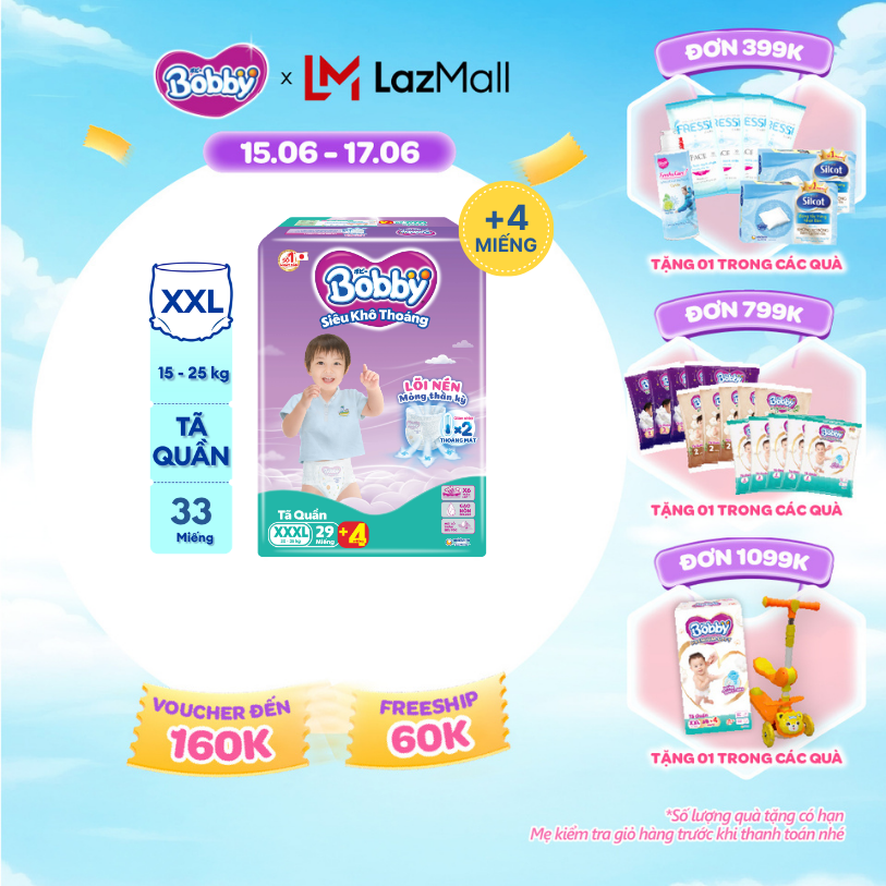 [Từ 22-23 tặng QUÀ TO-SLCH][TẶNG THÊM 4 MIẾNG] Tã/bỉm quần Bobby 3mm Super Jumbo Siêu khô thoáng XXXL29 Bao bì thay đổi theo từng đợt nhập hàng
