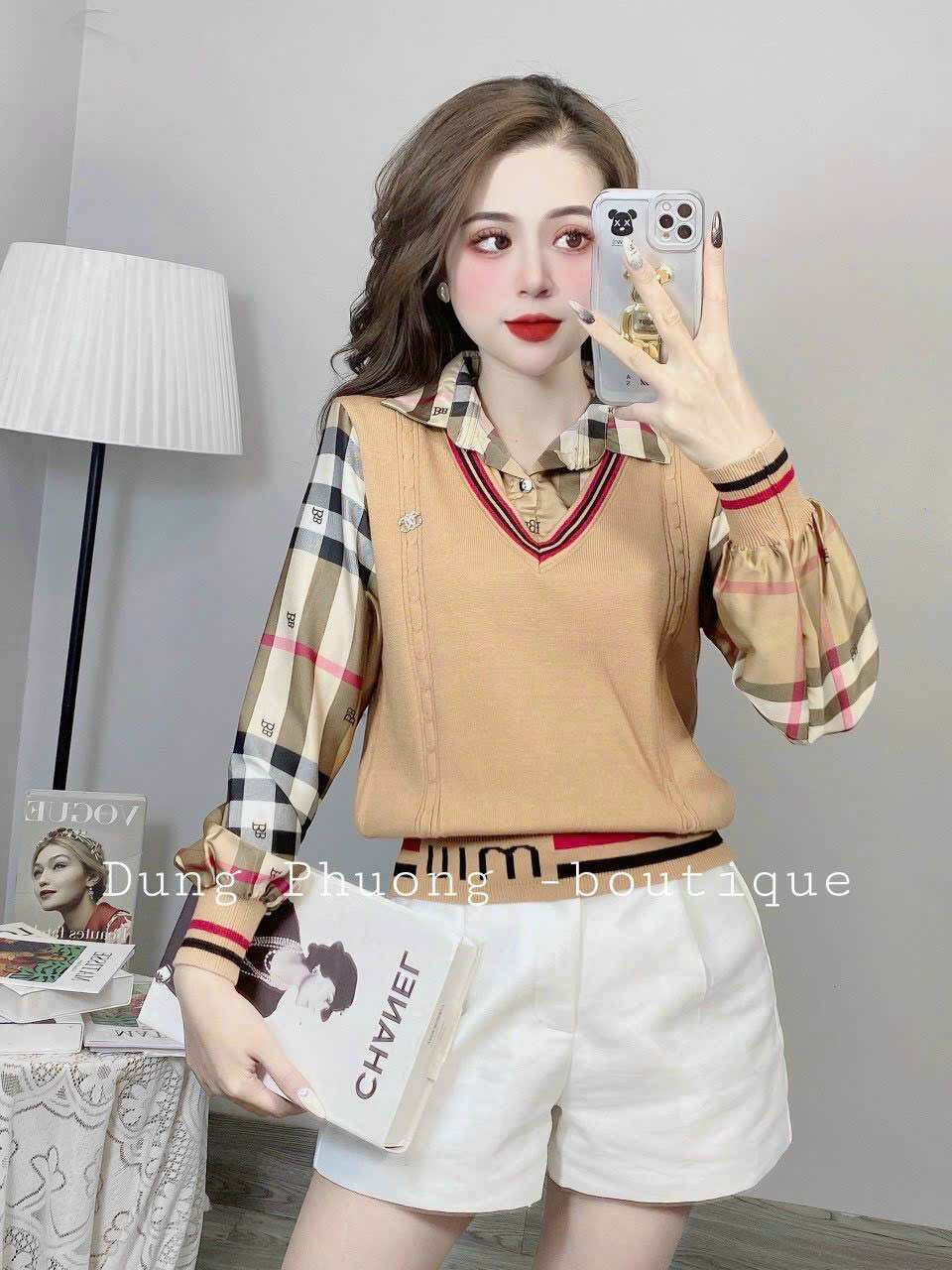 Áo Len Nữ Pha Cổ Sơ Mi Tay Lụa Phồng Ép Vân, Áo Nữ Thân Len Rile phối Tay Lụa