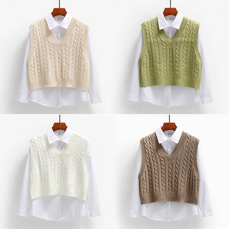 Bộ Hai Mảnh Áo Len Dệt Kim + Áo Sơ Mi Nữ Dáng Rộng Cổ Chữ V Phong Cách Đại Học Thời Trang Mùa Thu 2023