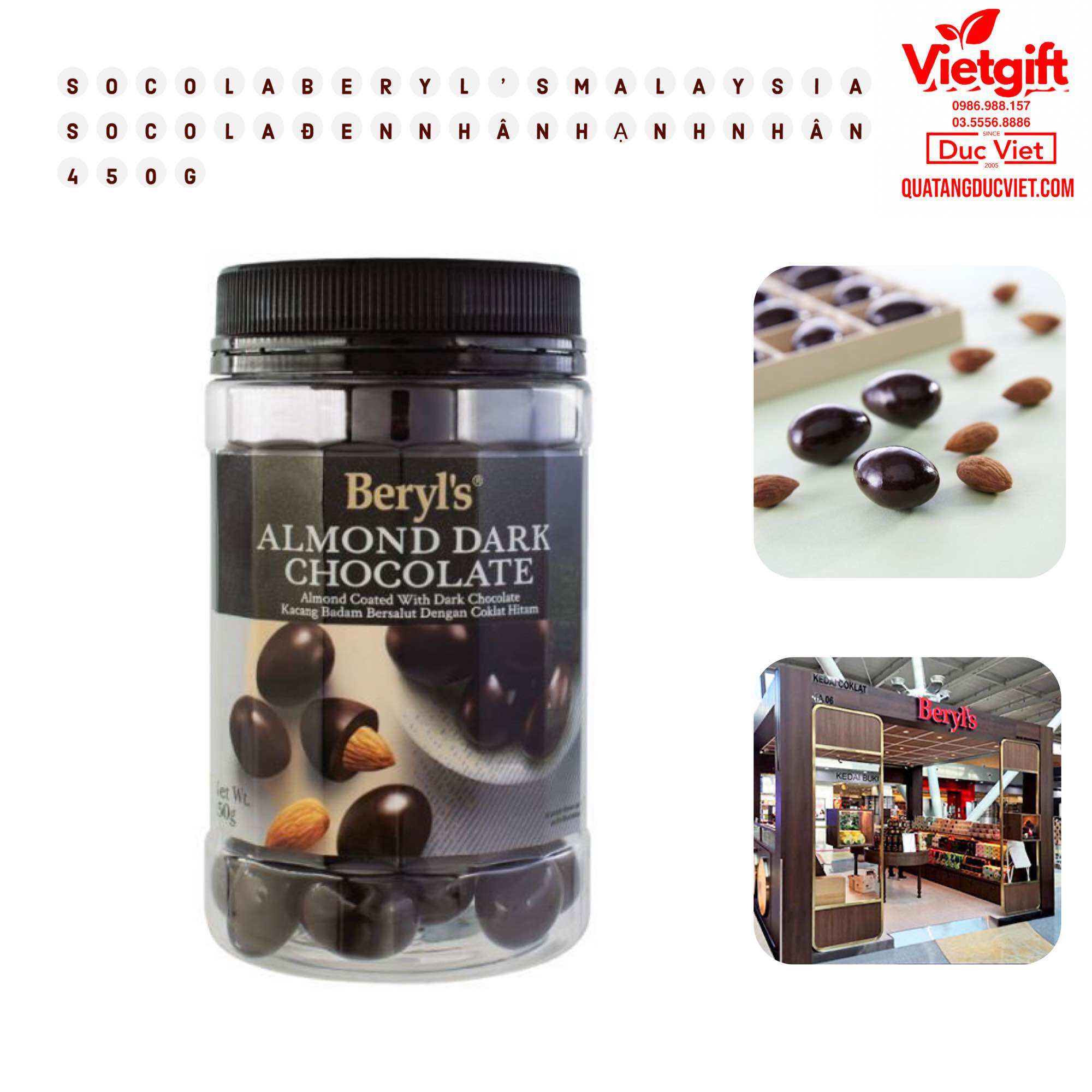 Socola Beryl’s Malaysia 450G - Dark chocolate- socola đen nhân hạnh nhân