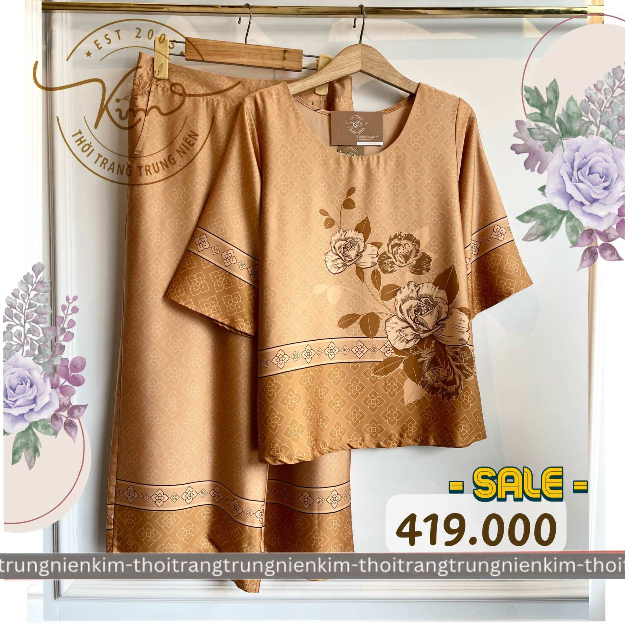 Sét bộ lụa trung niên cao cấp hoa văn hoạ tiết sang trọng Bigsize quần dài 85cm