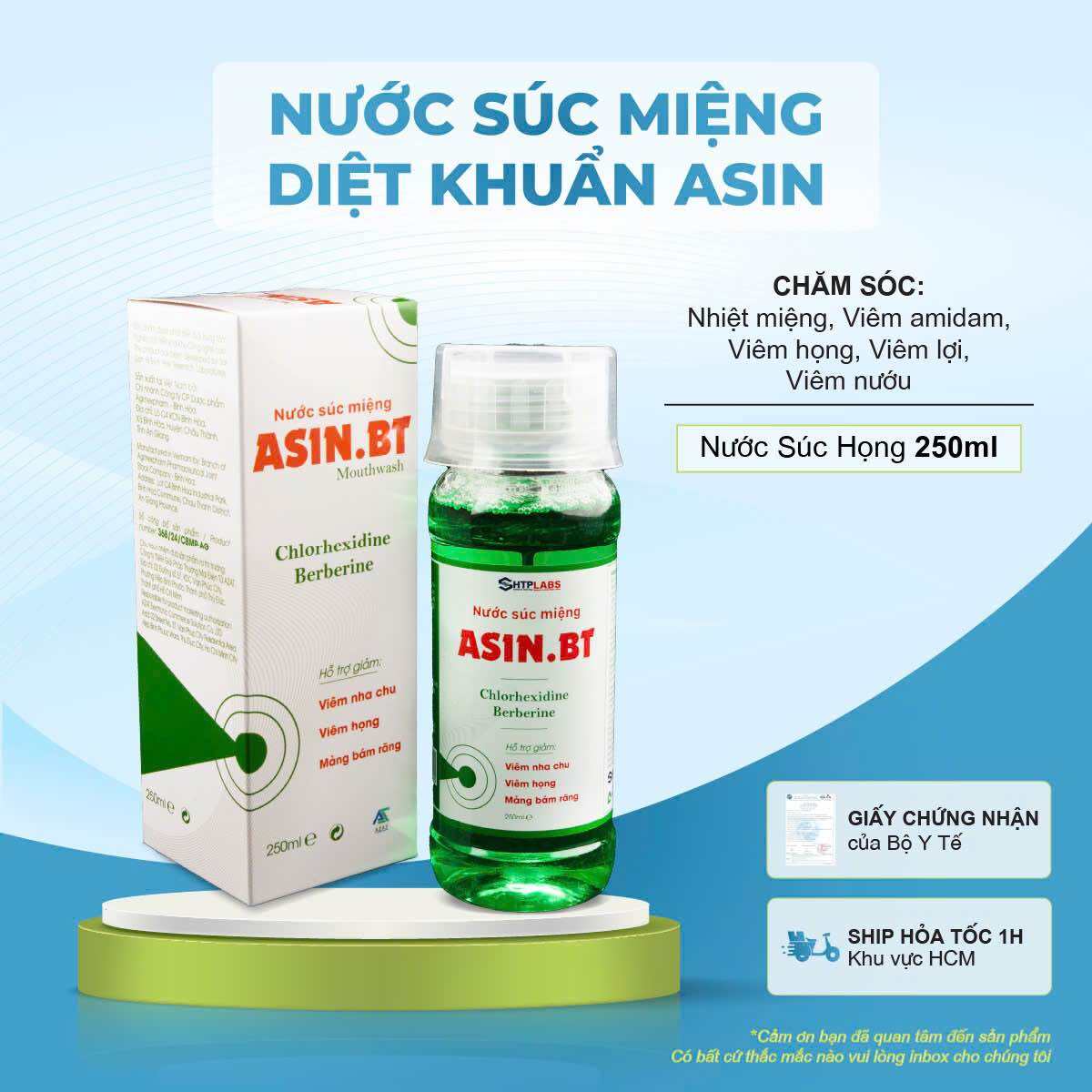 Nước súc miệng ASIN 250ml chứa dược chất thiên nhiên Berberine Chloride và chlorhexidine
