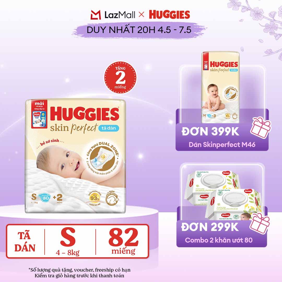 [CHỈ 20h 04-07.05 QUÀ TẶNG ĐƠN 0Đ]  Tã/Bỉm dán sơ sinh Huggies Skin Perfect S80 - 80+2 miếng