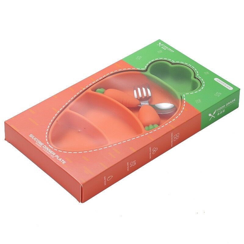 Set Khay Ăn Dặm Silicon CÀ RỐT (kèm ống hút,thìa nĩa,cọ ống hút)