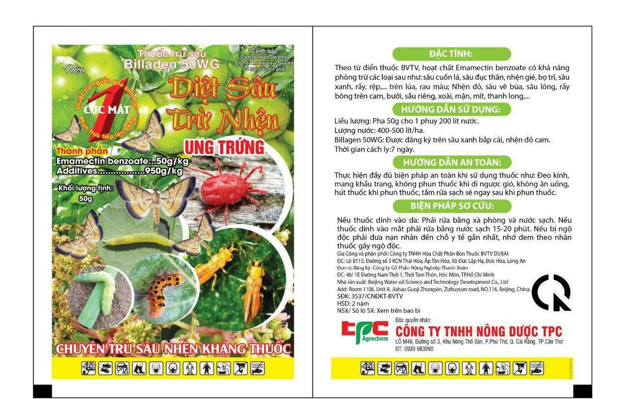 Diệt sâu kháng, trừ nhện, làm ung trứng sâu, đuổi bướm, sâu tơ, Billaden 50wg gói 50gr