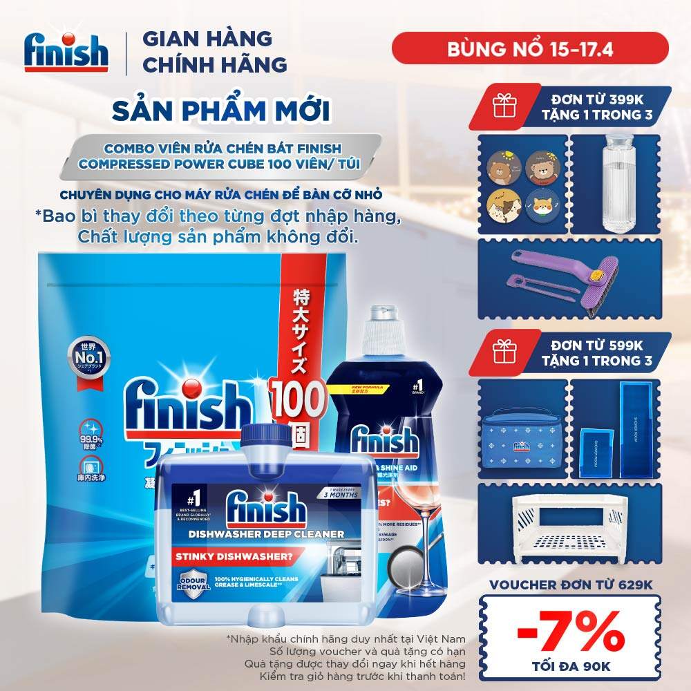 Combo Finish: Viên Rửa Chén Finish Nhật Bản Power Cube 100 Viên + Nước Làm Bóng + Dung Dịch Tẩy Rửa Máy Rửa Chén Bát