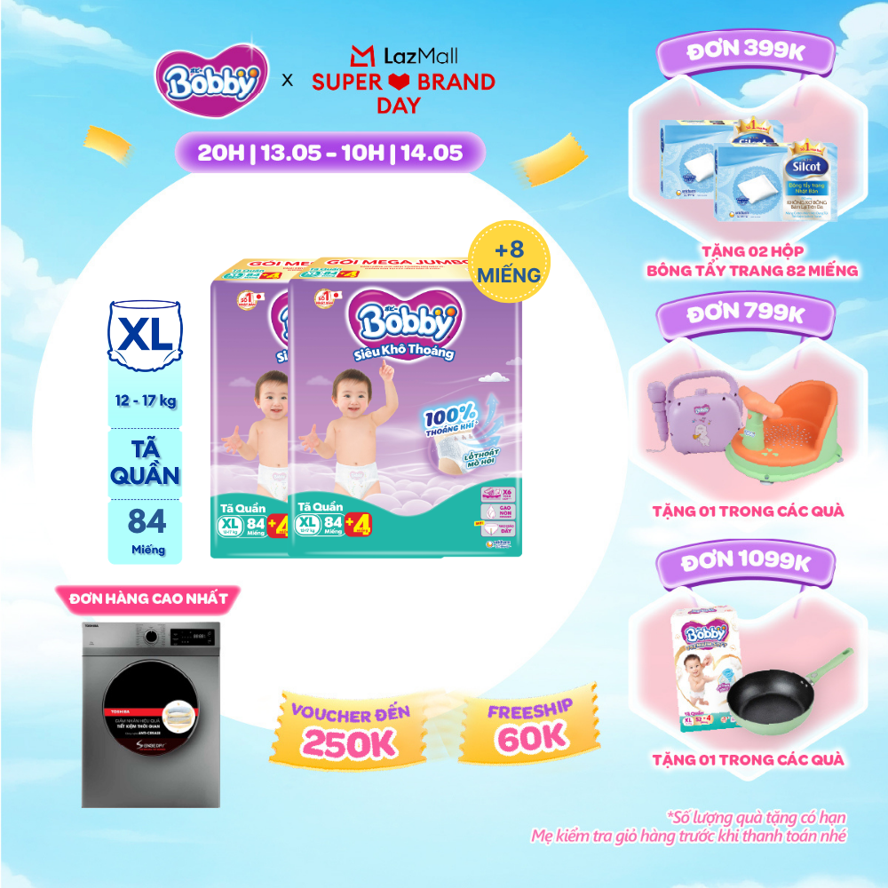 [CHỈ 20h 13.05 QT Đơn 899K/1199K][TẶNG MIẾNG NGẪU NHIÊN] Combo 2 Tã/bỉm quần Bobby 3mm Mega Jumbo Gạo non Giảm nhiệt XL84