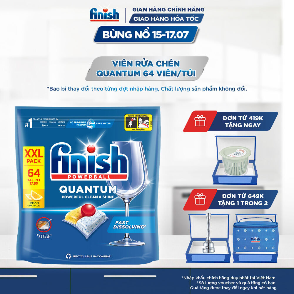 Viên Rửa Chén Bát Finish Powerball Quantum Powerful Clean & Shine 64 viên