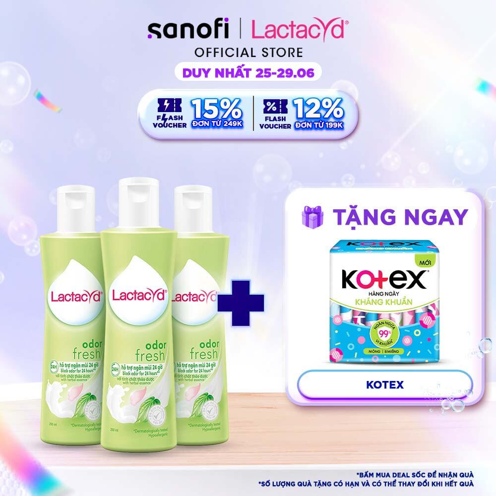 Bộ 3 chai Dung Dịch Vệ Sinh Phụ Nữ Lactacyd Odor Fresh Ngăn Mùi 24H 250ml/chai