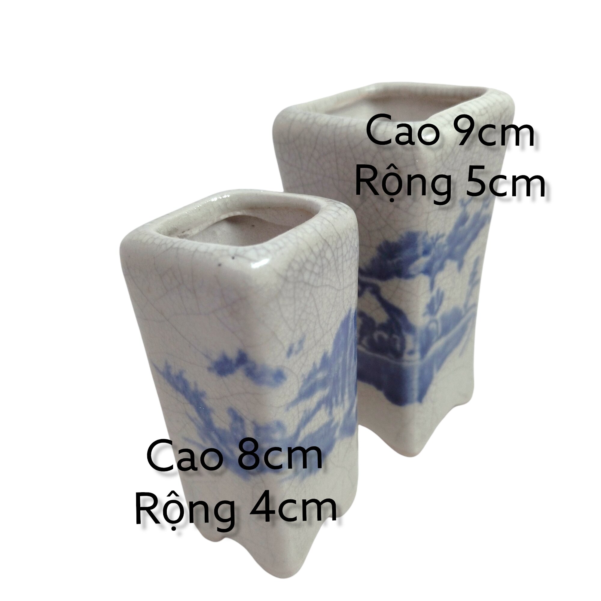 Bộ đôi 2 chậu trồng cây mini ống vuông cao men rạn, chậu men rạn tranh vẽ tay tuyệt đẹp