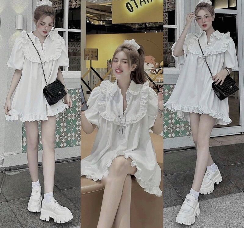 Đầm babydoll tay bồng cổ bèo tiểu thư Ulzzang siêu đẹp kèm hình thật