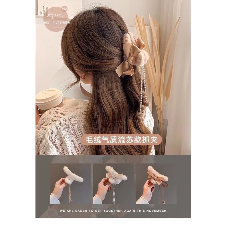 Kẹp tóc nơ phối lông tua rua phong cách Hàn Quốc