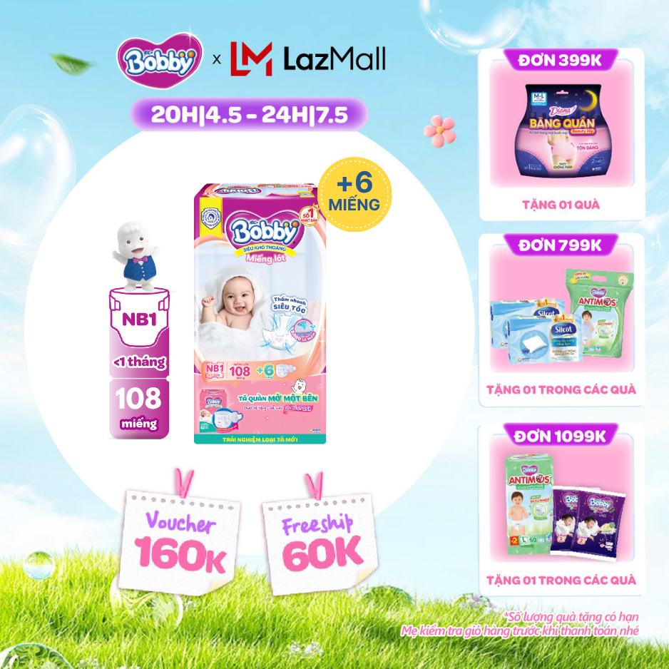 [CHỈ 20h 04-07.05 QT Đơn 899K/1199K]Miếng lót sơ sinh Bobby gói lớn Newborn 1-108 miếng (0-5kg) + Tặng kèm 6 miếng tã quần mở 1 bên Bobby size NB / NB-S