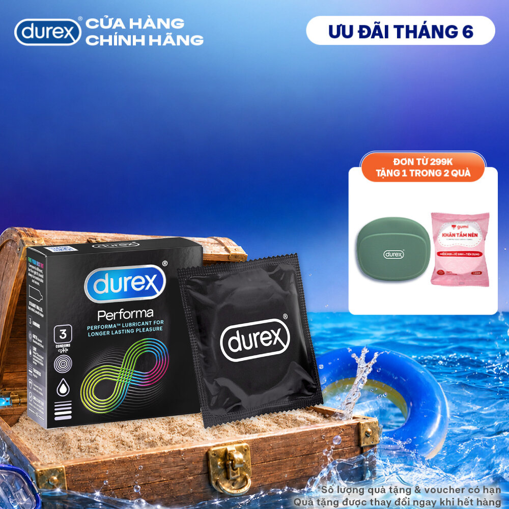 Bao cao su Durex Performa kéo dài thời gian, size 52mm, hộp 3 bao