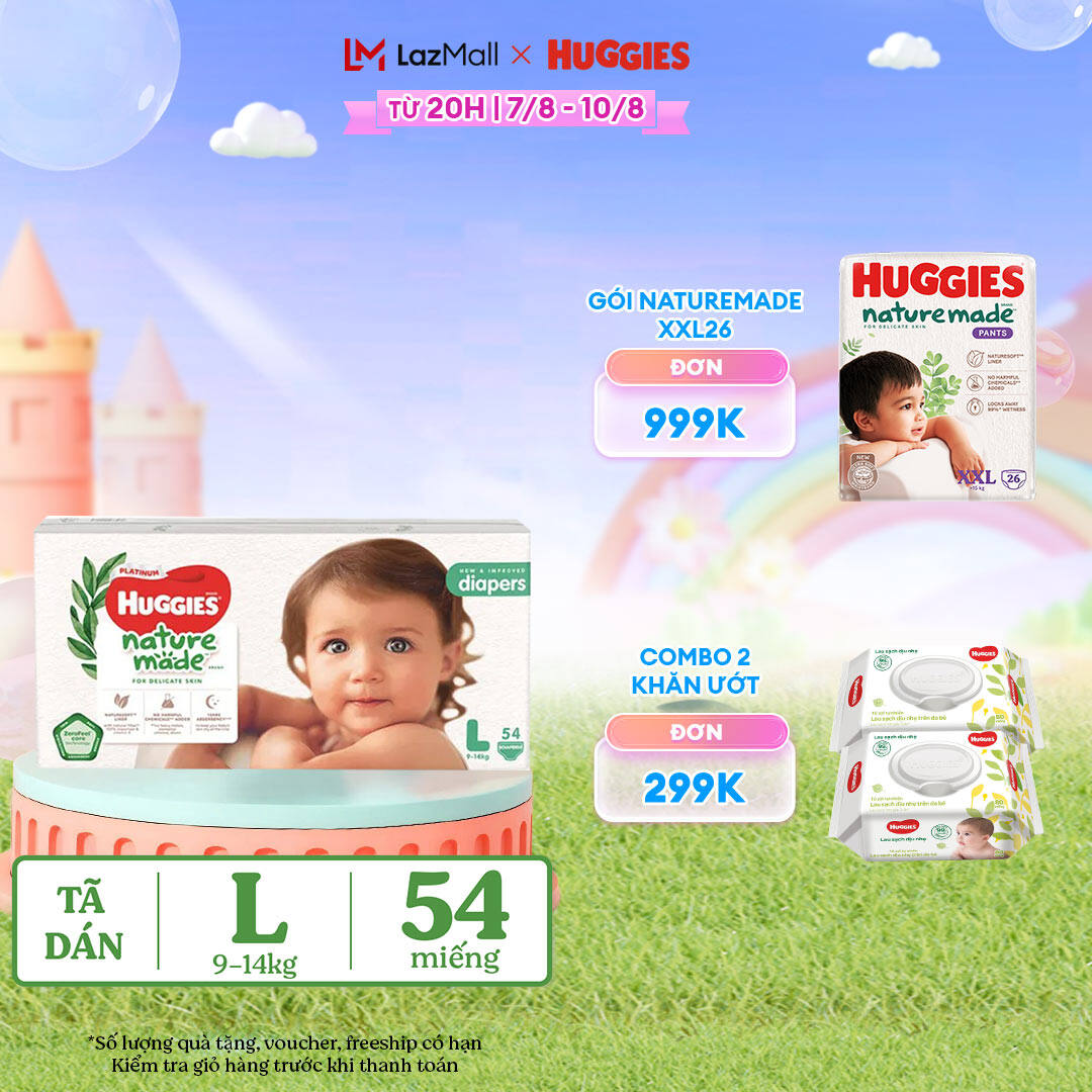 [CHỈ 18-20.06 QUÀ TẶNG ĐƠN 399K](Mua 1 tặng 1) Tã/Bỉm dán HUGGIES PLATINUM NatureMade L54 (9-14kg)-Gói Jumbo 54 miếng