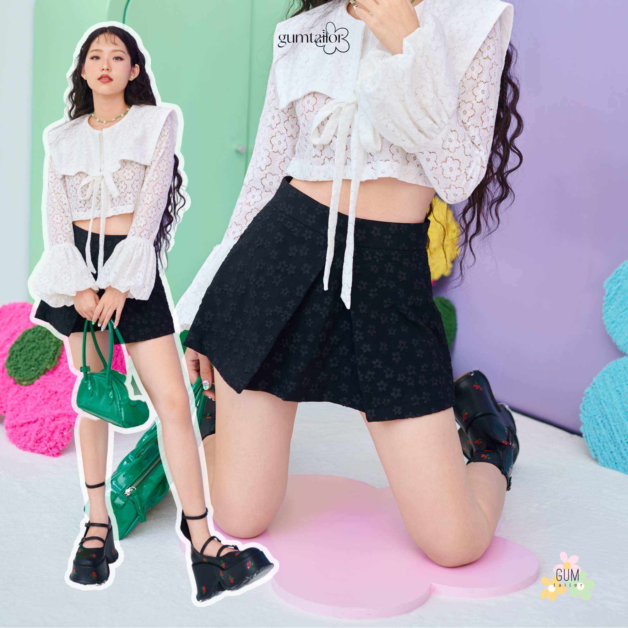 Áo kiểu croptop tay dài bồng cổ thuỷ thủ cột nơ “gumladies top” by gum tailor