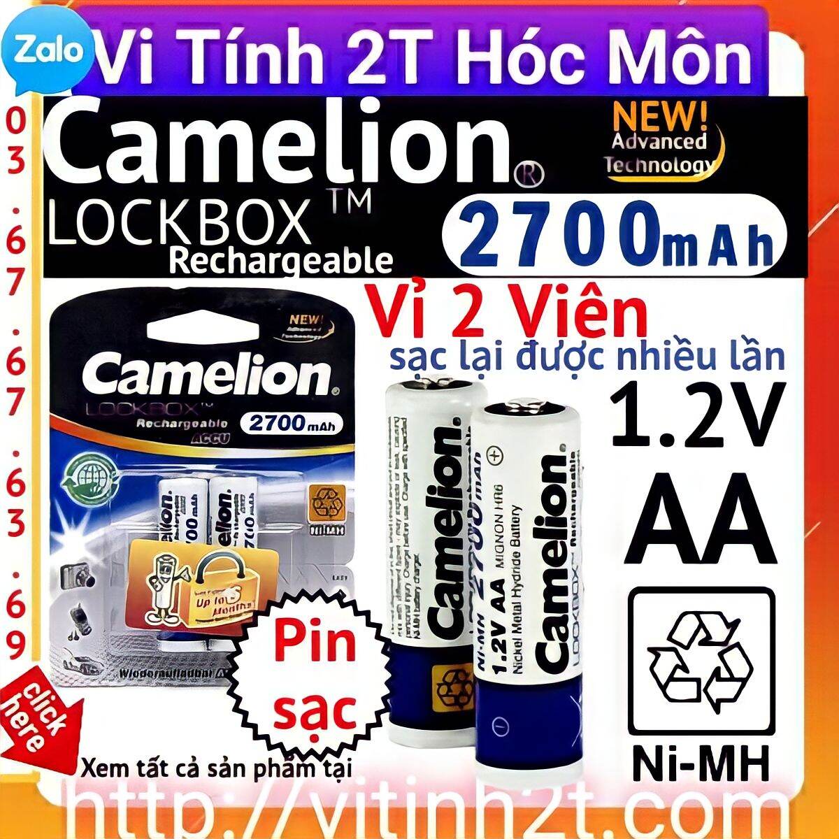 Vỉ 2 viên pin sạc aa camelion 2700 mah 2a 1.2v