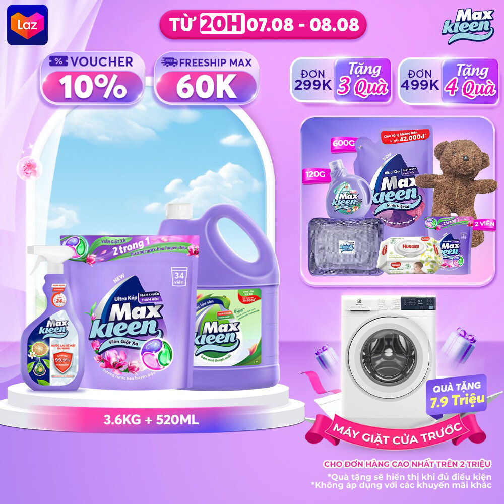 Combo túi viên giặt xả maxkleen hương huyền diệu + chai nước lau sàn 3.6kg + chai nước lau bề mặt đa năng