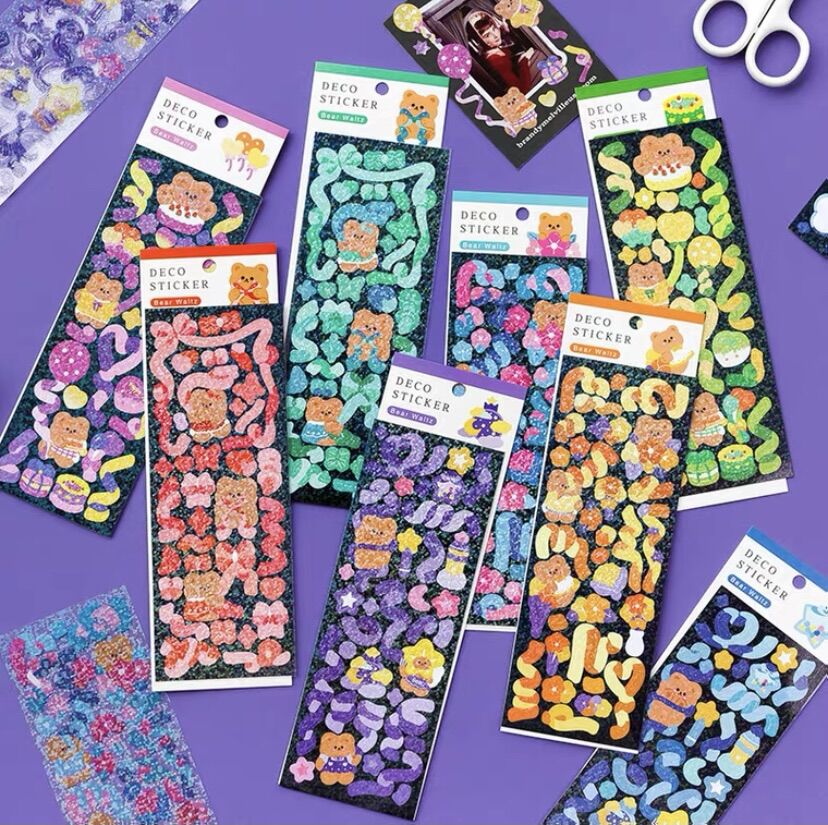 Set 2 tấm sticker ruy băng gấu béo lấp lánh