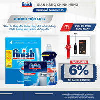 Combo Finish tiện lợi 2: Hộp 100 Viên Rửa Bát Finish Essential + Nước Làm Bóng 500ml + Muối Rửa Chén
