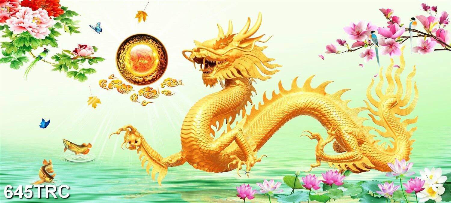 Tranh dán tường 3d rồng 645trc - tranh long phụng dán tường