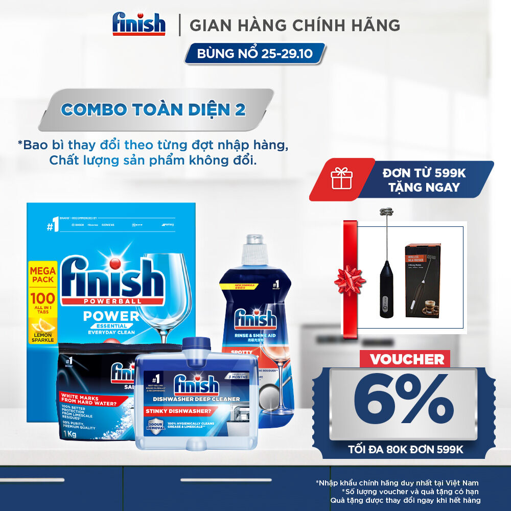 Combo Finish toàn diện 2: Hộp 100 Viên Rửa Bát Essential + Nước Làm Bóng Finish 500ml + Muối Rửa Chén Finish Salt túi 1kg + Dung dịch vệ sinh máy