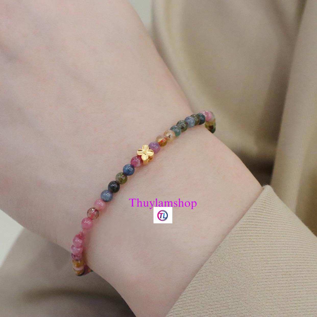 Vòng tay đá toumaline thiên nhiên mic charm mặt cỏ 4 lá may mắn
