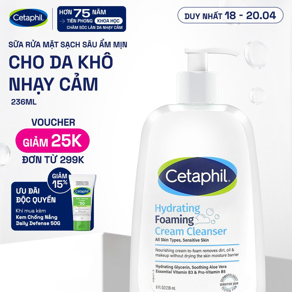 [GIẢM ĐẾN 24% + QUÀ 120K] Sữa rửa mặt tạo bọt dịu lành cho da khô nhạy cảm Cetaphil Hydrating Foaming Cream Cleanser 236ml [HSD 08/2026]