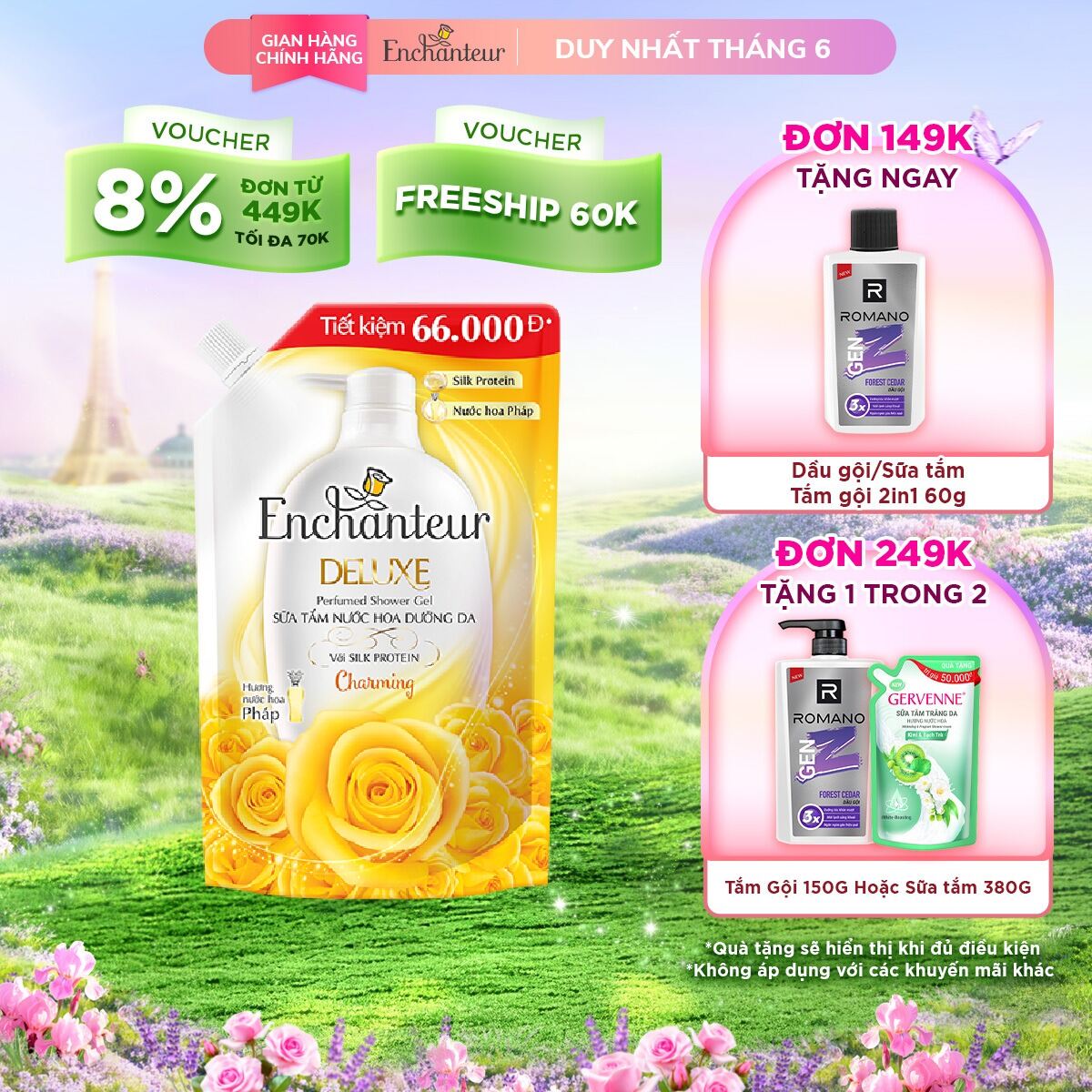 Túi Sữa Tắm hương nước hoa dưỡng da Enchanteur Sensation/Charming 450g/640g