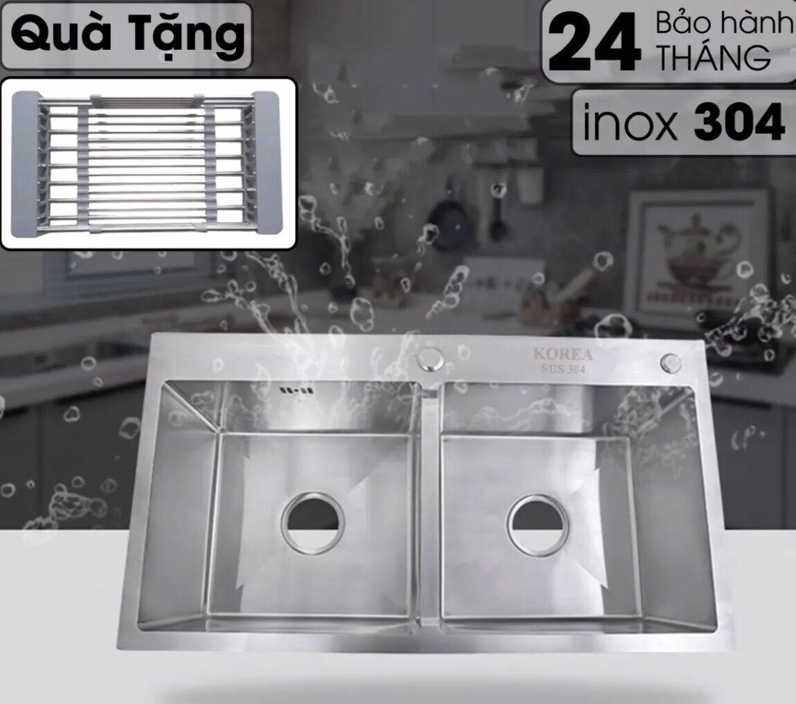 Chậu rửa chén bát KOREA SUS304 , chậu đúc Handmade, tặng kèm khay đựng + bộ xi phông