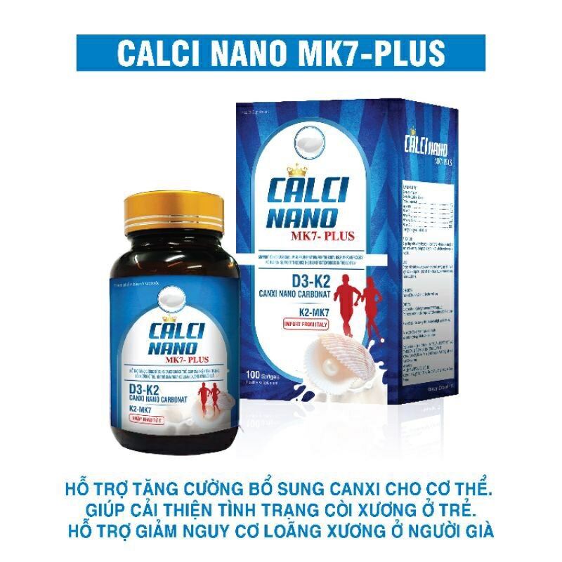 Viên uống CALCI NANO MK7 PLUS - Hộp 100 viên bổ sung Canxi D3 K2 MK7  giảm nguy cơ loãng xương