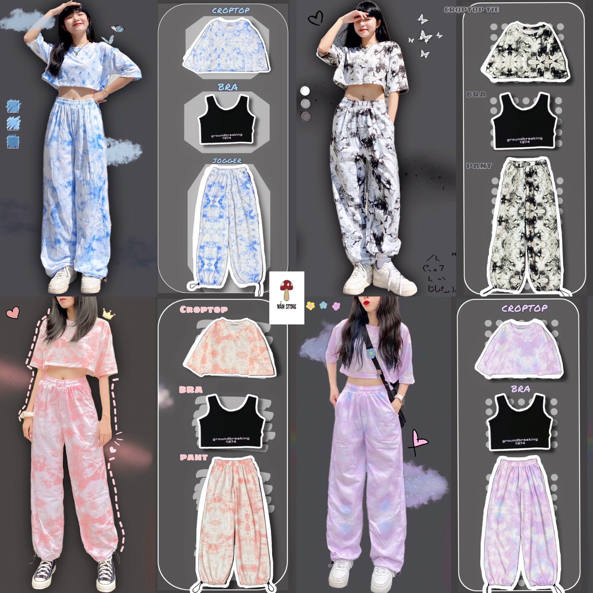 Set áo croptop  loang màu + bra đen + quần jogger dài loang màu ống rộng dây rút - Set bộ thể thao 3 món Nấm Store