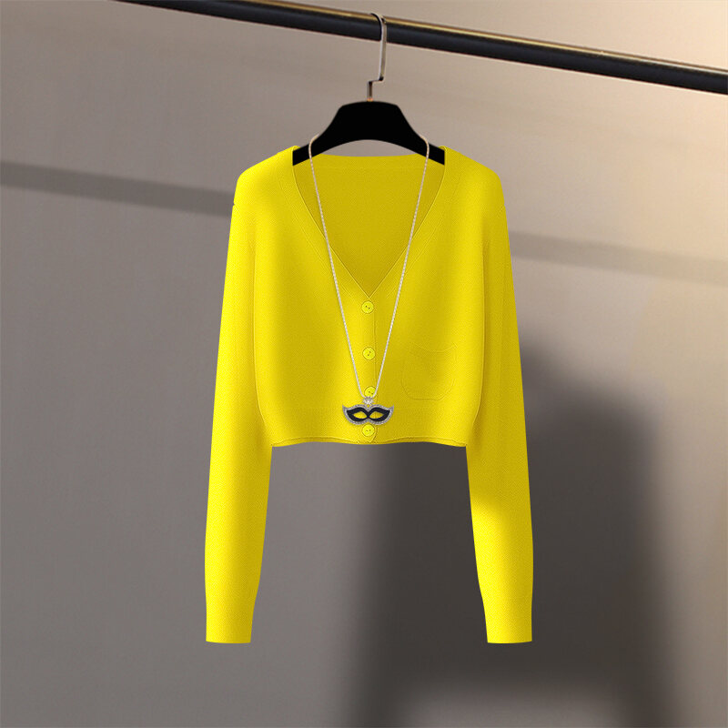 2023 Phong Cách Hàn Quốc Dệt Kim Áo Khoác Cardigan Nữ Mùa Xuân Mùa Thu Retro Mỏng Cổ Chữ V Cao Siêu Ngắn Vòng Eo Belly露thời Trang Áo Khoác Ngoài