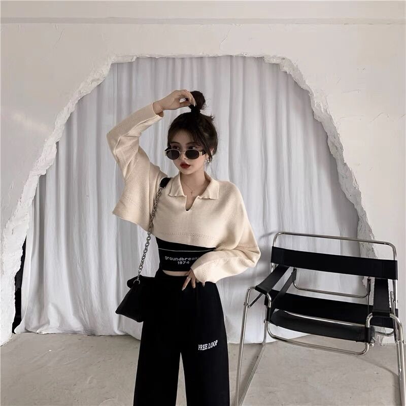 Set áo 2 món croptop tay dài cổ bẻ 1974🌞