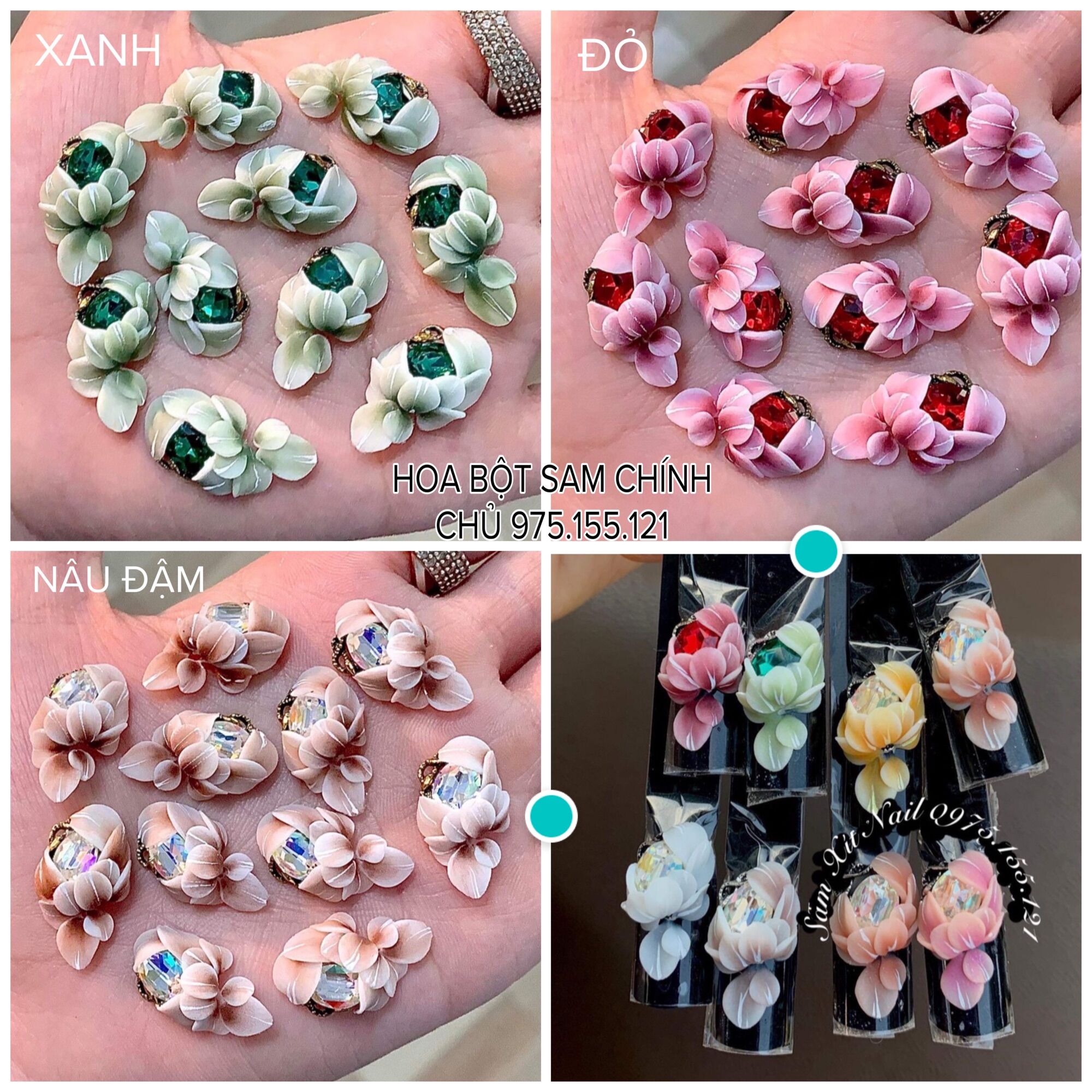 Hoa bột ôm charm đá đính móng, hoa bột trang trí móng(100A..G)