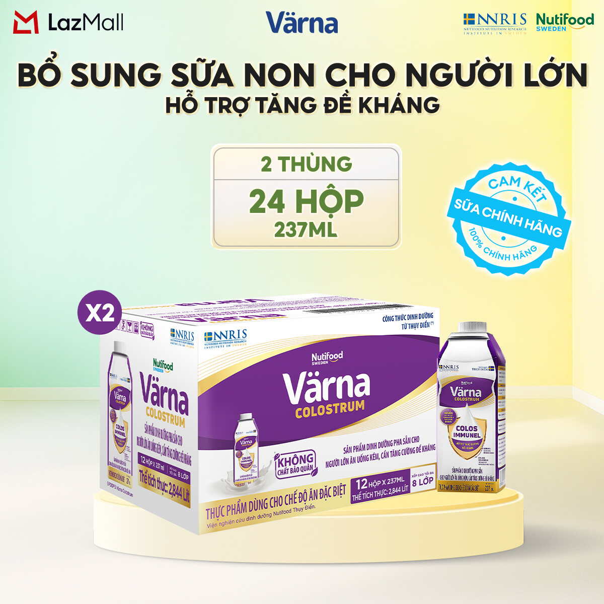 Combo 2 Thùng 12 hộp sữa bột pha sẵn Varna Colostrum (24 hộp giấy x 237ml) - Sữa non cho người lớn,