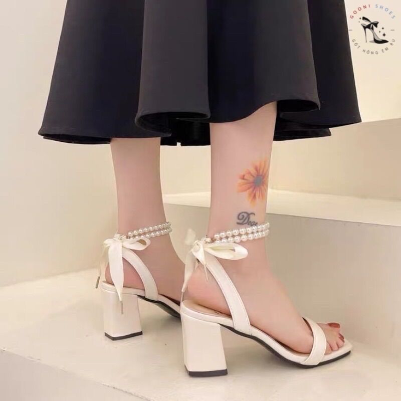 Giày sandal, giày cao gót cột nơ quai ngang đính ngọc buộc nơ tiểu thư cho nữ