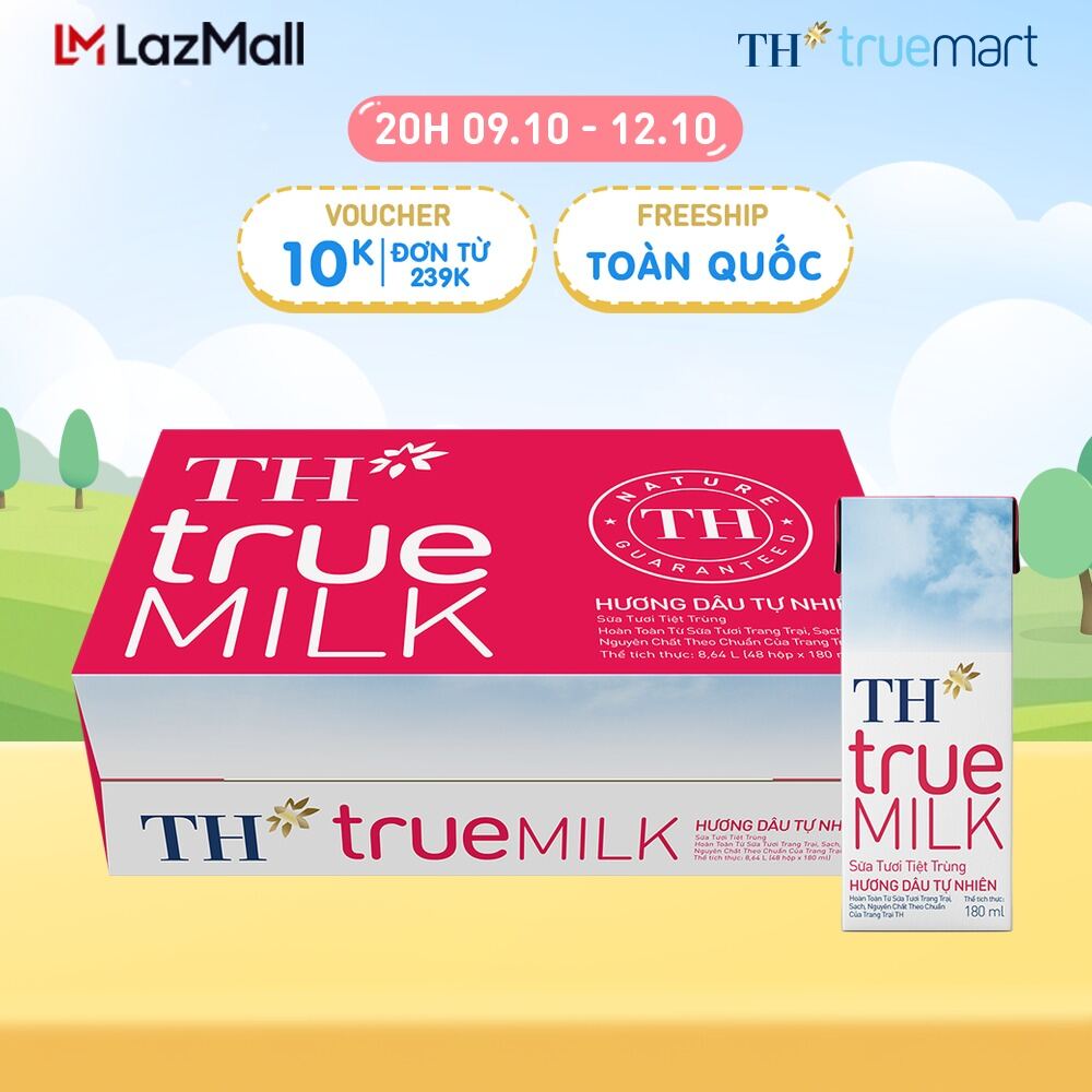 Thùng 48 hộp sữa tươi tiệt trùng TH true MILK hương dâu tự nhiên 180 ml (180 ml x 48)