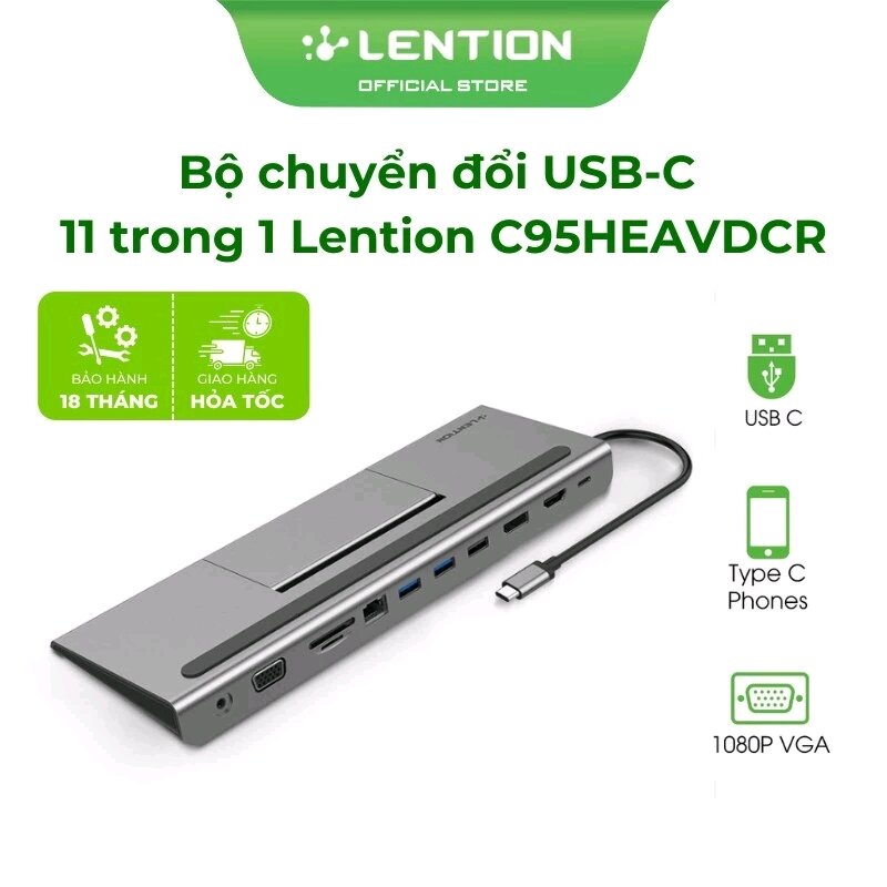 Bộ chuyển đổi USB-C 11 cổng chuyển đổi trong 1 Lention C95HEAVDCR hợp kim nhôm chắc chắn