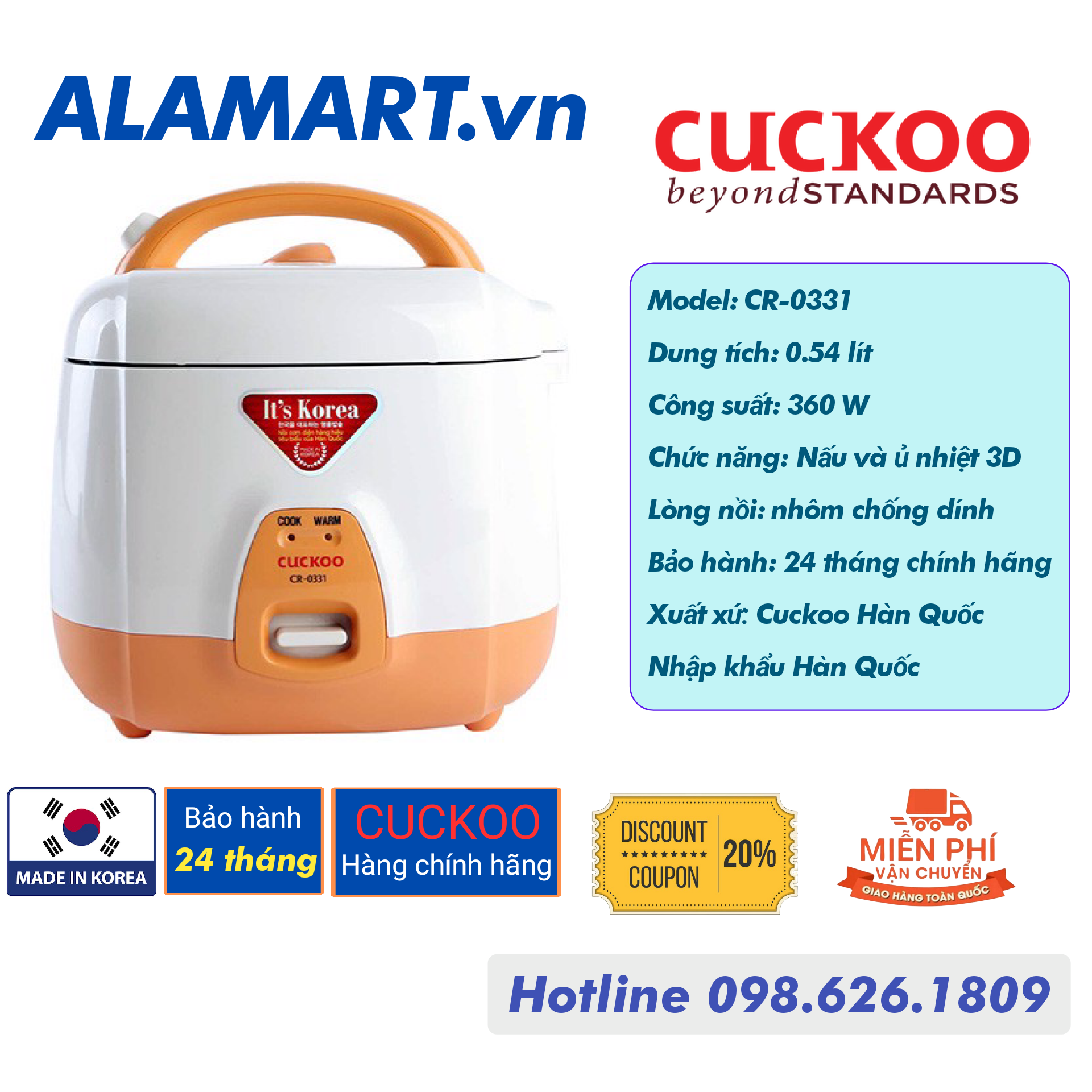 NỒI CƠM ĐIỆN 0.54 LÍT CUCKOO CR-0331 nhập khẩu Hàn Quốc - KOREA dùng gia đình 1 - 2 người ăn 0.3 kg gạo